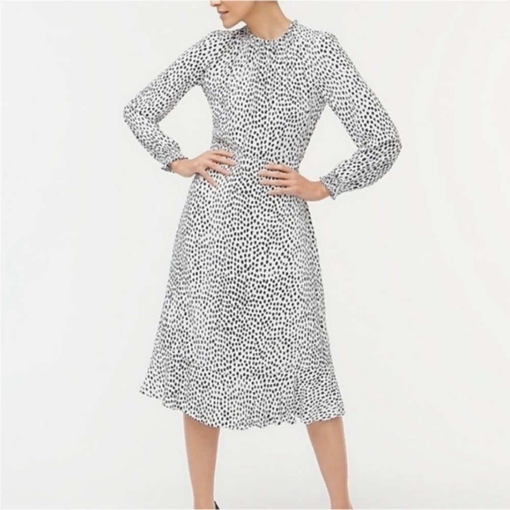 J Crew Dress Women 2 Black White Leopard Print Long Sleeve Midi Preppy Classic